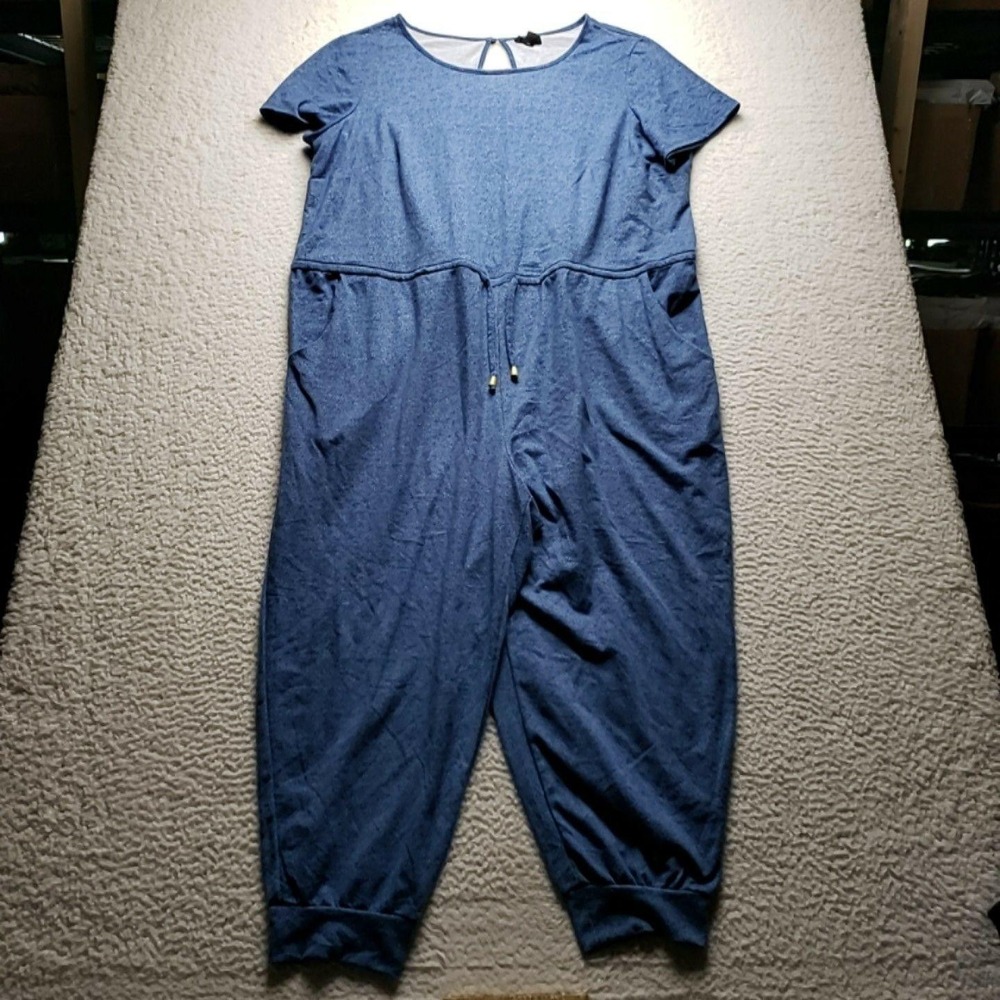 Tacera Jumpsuit Womens Plus 2X Blue Short Sleeve Crew Neck Drawstring Pockets